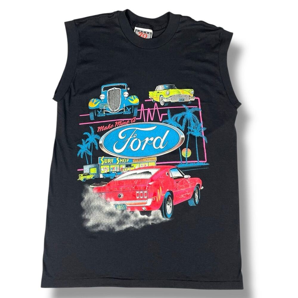 Vintage Ford Black Sleeveless muscle Tee with Colorful Car Graphic Large